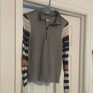Free People Black and White Striped Long Sleeve Polo Top with Multicolor Sleeves
